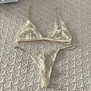 Express Cream Bra Set with rhinestone Chain Details